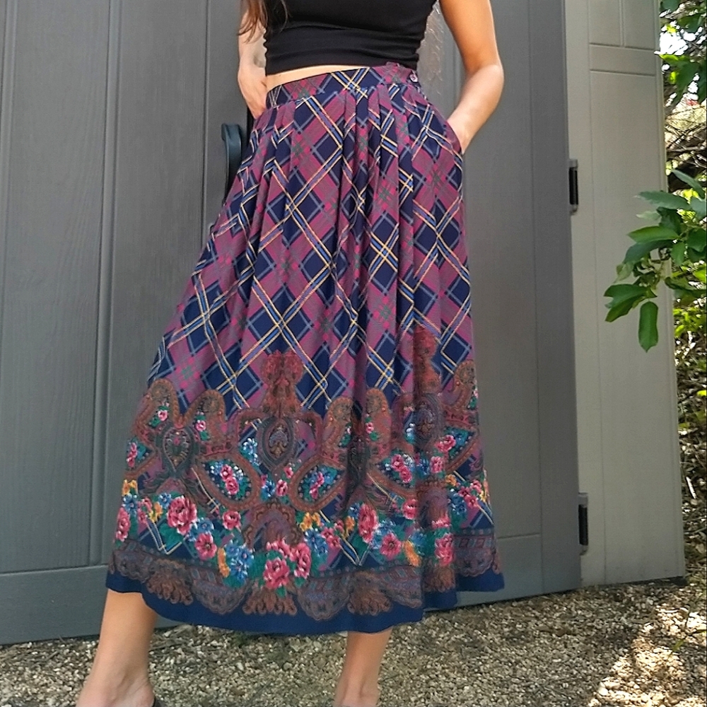 Vintage Pleated Midi Plaid Paisley Skirt